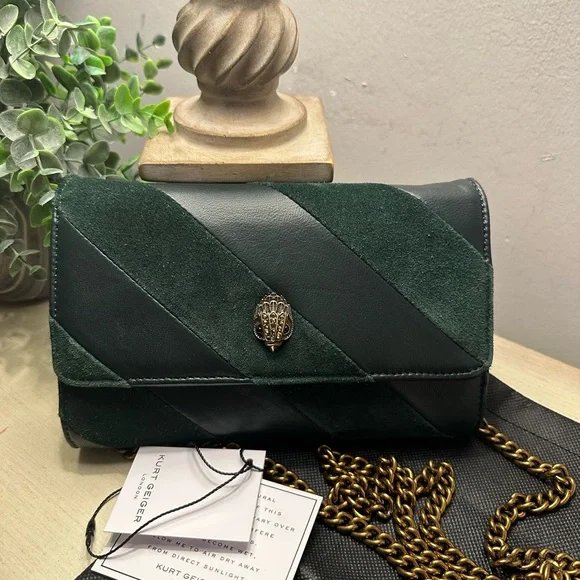 Kurt Geiger Soho Wallet on a Chain Crossbody Dark Green Suede and Leather - Picture 4 of 13